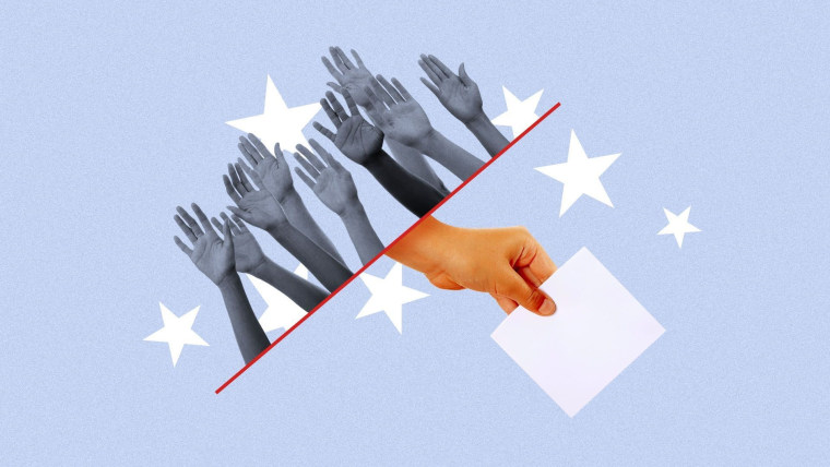Ilustración de varias personas levantando la mano y una de esas manos poniendo una boleta electoral en una urna