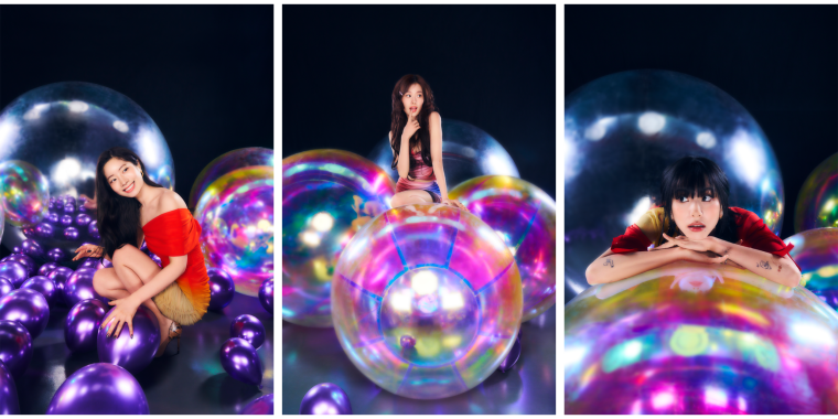 Bright photo shoot with TWICE, Dahyun, Sana, Chaeyoung posing with giant and small shaped balloons on a dark background