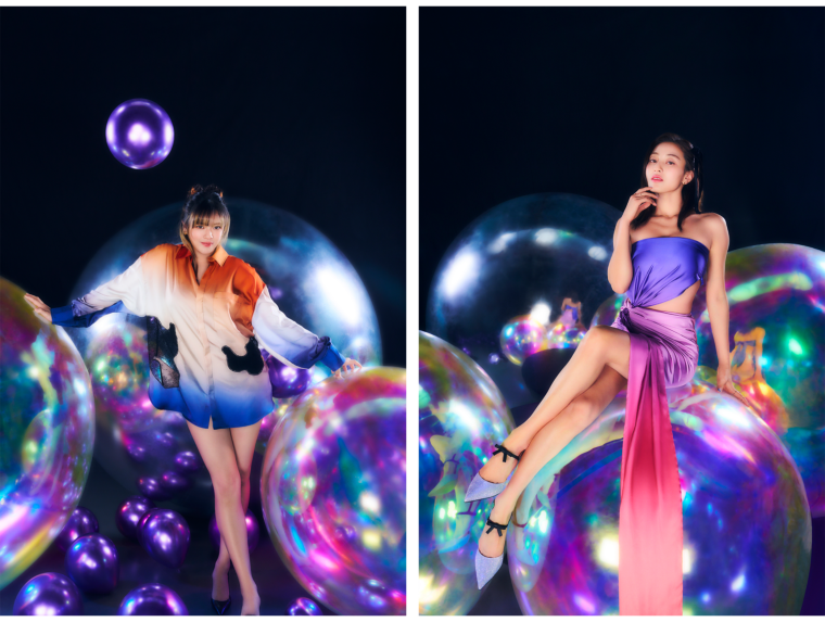 Bright photo shoot with TWICE, Jeongyeon and Jihyo posing with giant and small shaped balloons on a dark background