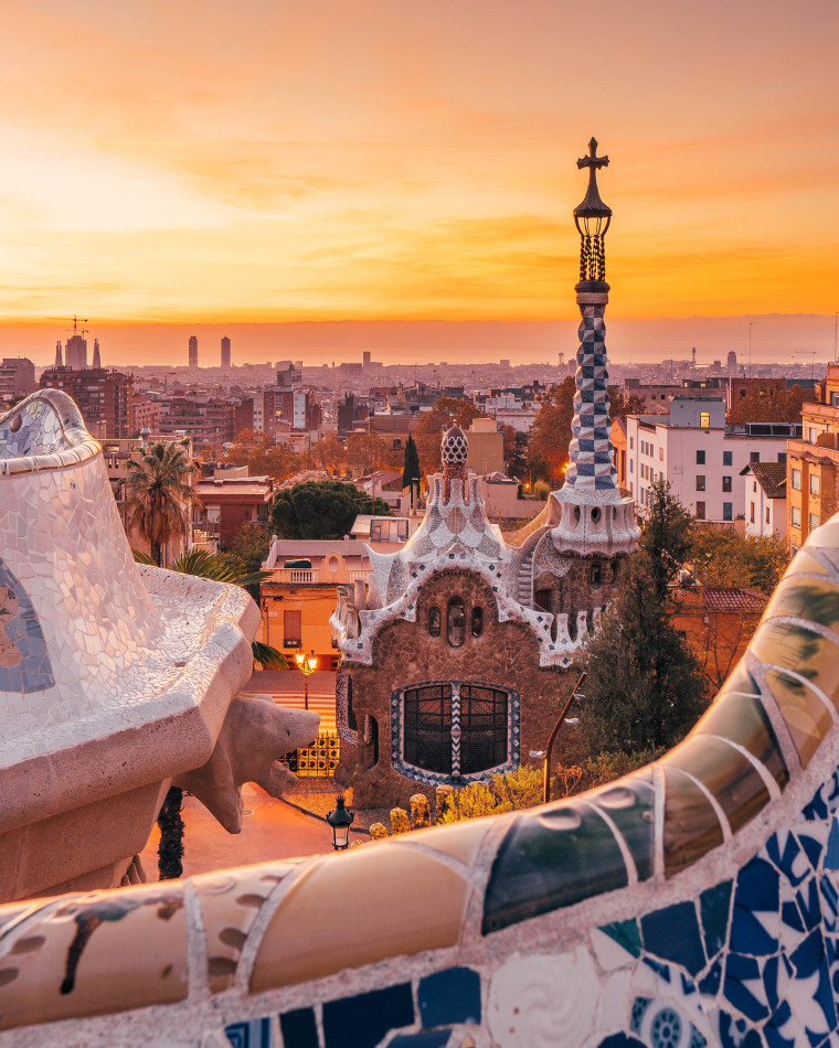 View of the city from Park Guell in Barcelona, Spain.