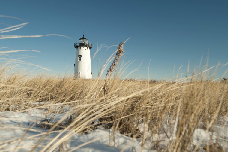 Ground level view of a lighthouse in Edgartown Cape Cod