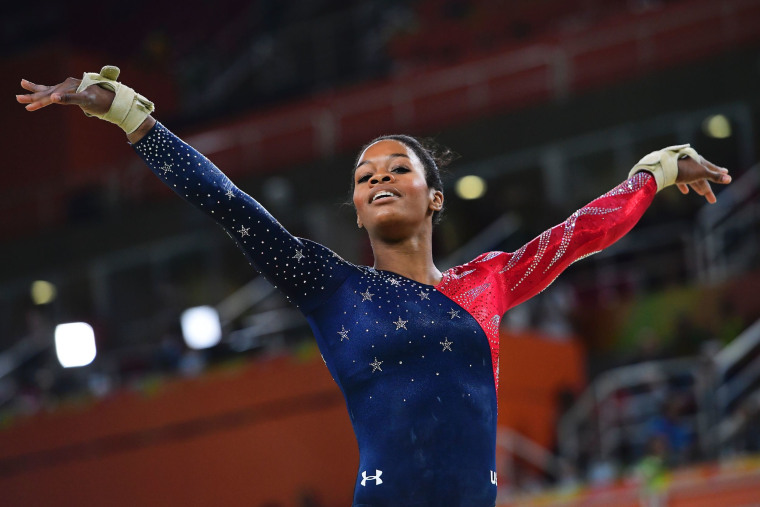 Gabby Douglas competes in the qualifying for the women's Floor event of the Artistic Gymnastics at the Olympic Arena during the Rio 2016 Olympic Games in Rio de Janeiro on Aug. 7, 2016. 