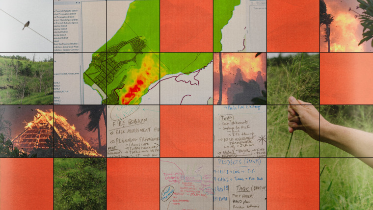Photo illustration of a grid showing a fire mapping computer program, the Lahaina wildfire burning in 2023, and a white board with notes.