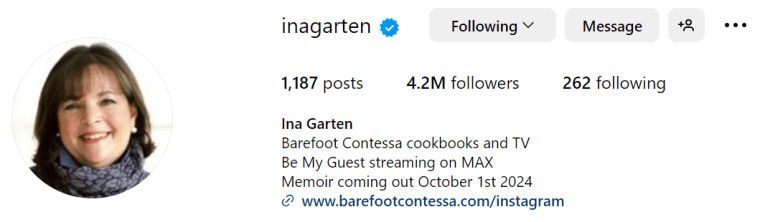 Ina Garten’s Instagram bio reveals her memoir’s publication date.