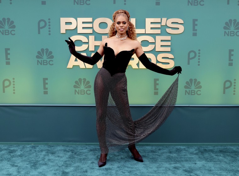Laverne Cox arrives to the 2024 People's Choice Awards held at Barker Hangar on February 18, 2024 in Santa Monica, California. 
