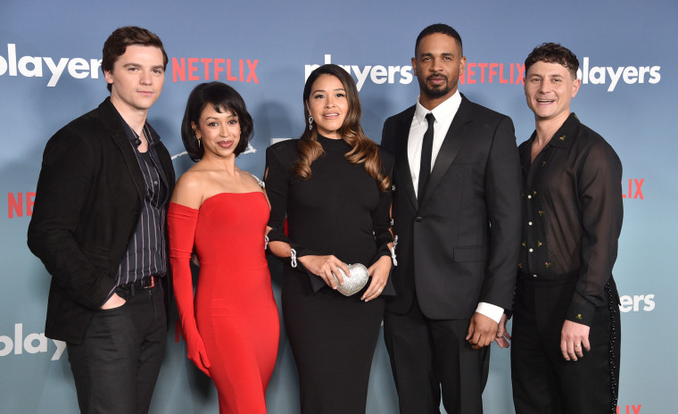 Joel Courtney, Liza Koshy, Gina Rodriguez, Damon Wayans Jr. and Augustus Prew at the Los Angeles premiere of "Players" at The Egyptian Theatre Hollywood on Feb. 8, 2024.