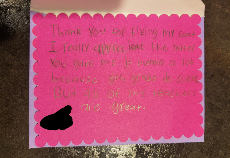The student was grateful for his mended coat and the note he found in a pocket.