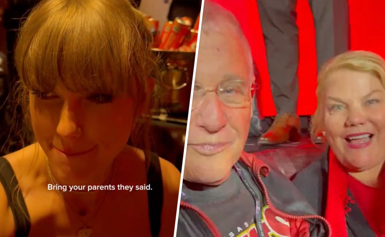 On the left, taylor swift grimaces. On the right, her parents smile for the camera.