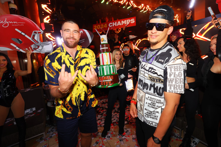 Patrick Mahomes, Travis Kelce and the Chiefs celebrate their Super Bowl win.