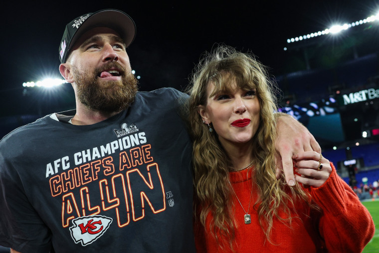 Travis Kelce and Taylor Swift after the Kansas City Chiefs defeated the Baltimore Ravens in the AFC Championship Game at M&T Bank Stadium on Jan. 28, 2024 in Baltimore, Maryland.