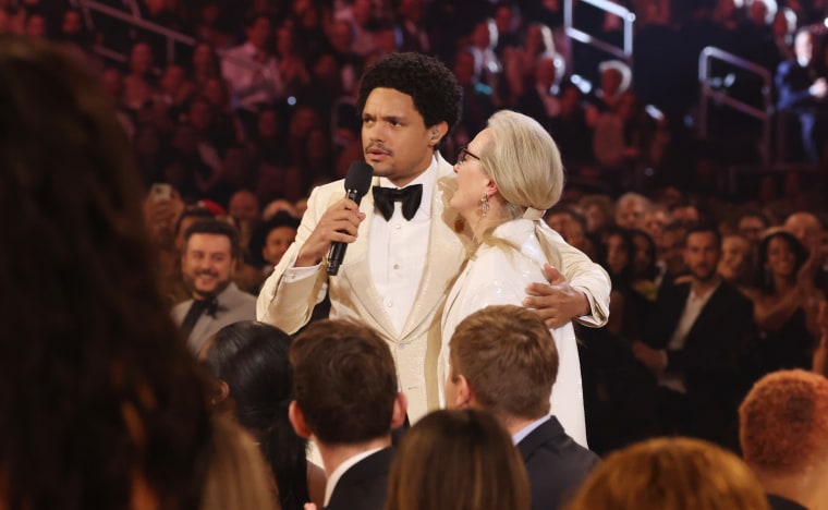 Trevor Noah and Meryl Streep during the Grammy Awards at Crypto.com Arena on Feb. 4, 2024 in Los Angeles.