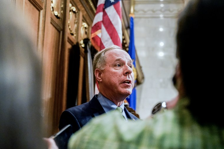 Wisconsin Assembly Speaker Robin Vos talks to the media at the state Capitol in Madison, Wis. on Feb. 15, 2022. 
