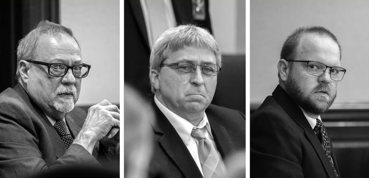 From left, Greg McMichael, Travis McMichael and William "Roddie" Bryan during their trial at Glynn County Superior Court in Brunswick, Ga.