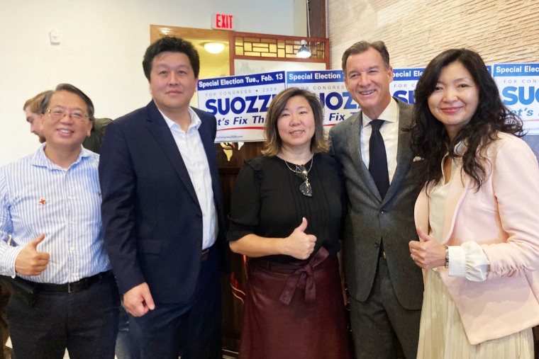 Rep. Grace Meng, D-N.Y. and other New York politicians campaign with then-candidate Tom Suozzi in January in the special election for New York's Third District.