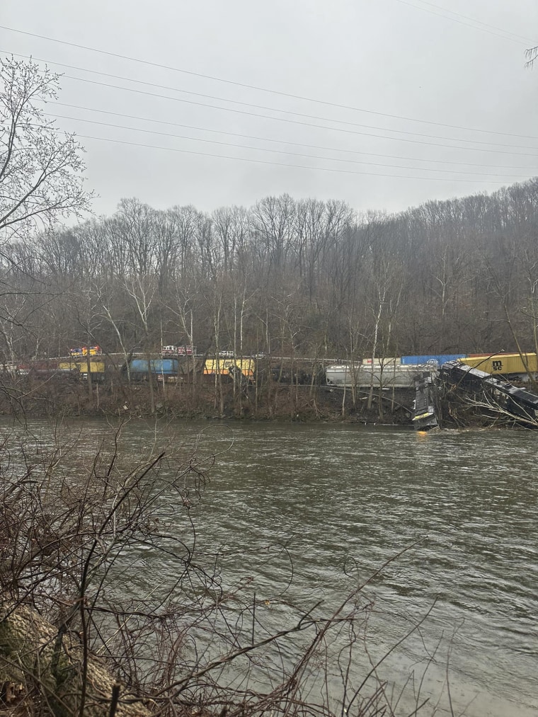 This photo provided by Nancy Run Fire Company shows a train derailment along a riverbank in Saucon Township, Pa., on Saturday. 