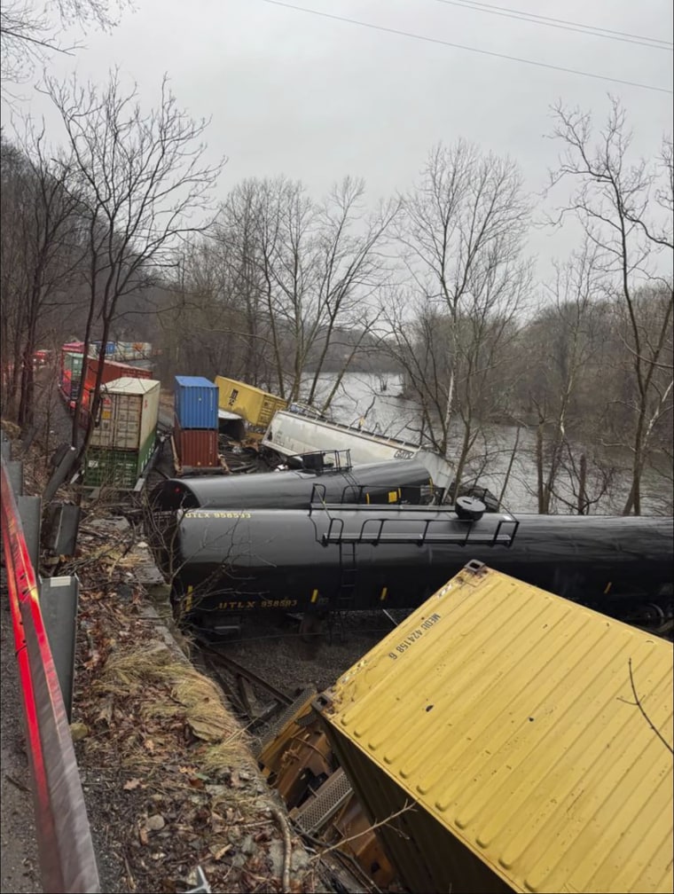 This photo provided by Nancy Run Fire Company shows a train derailment along a riverbank in Saucon Township, Pa., on Saturday.