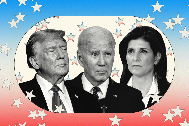 Photo illustration of Donald Trump, Joe Biden, and Nikki Haley