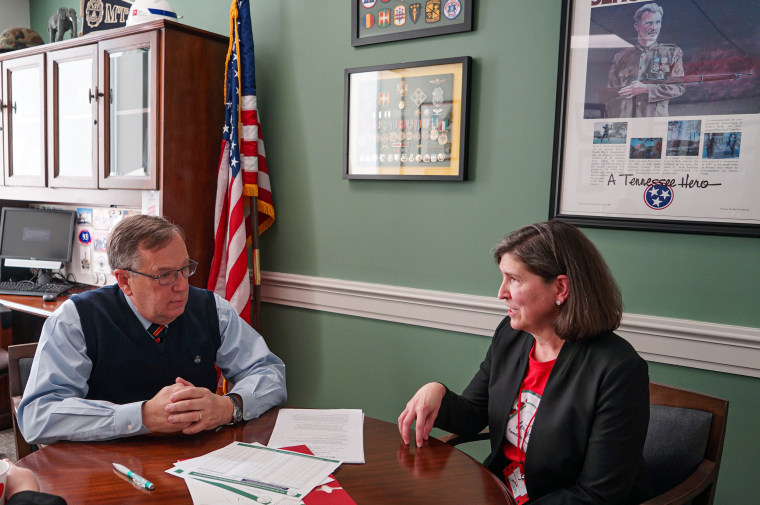 Dr. Barb Dentz, right, an advocate with Tennessee Families for Vaccines, met with her state representative, Sam Whitson, to discuss the state’s declining childhood immunization rates in January. 
