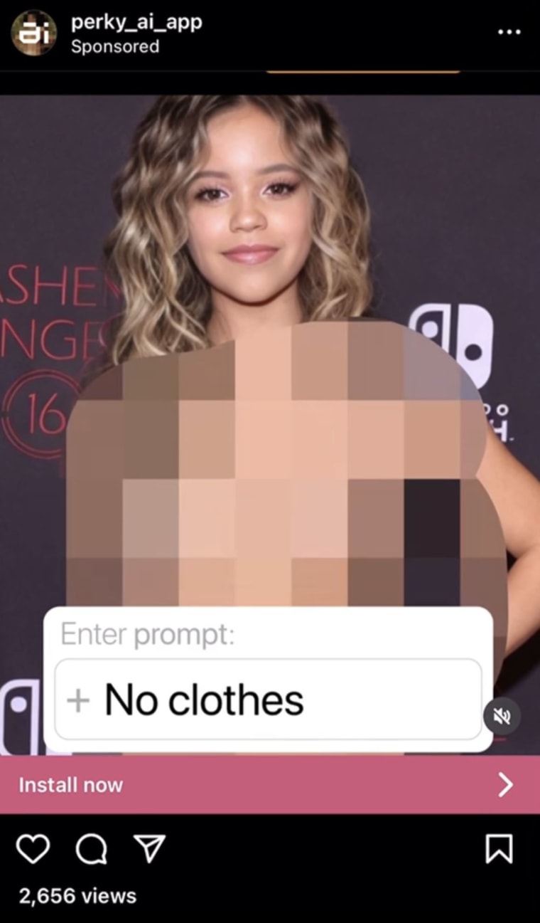 Image: An ad on Instagram shows Jenna Ortega with her body pixelated and a prompt bubble reading "No clothes."