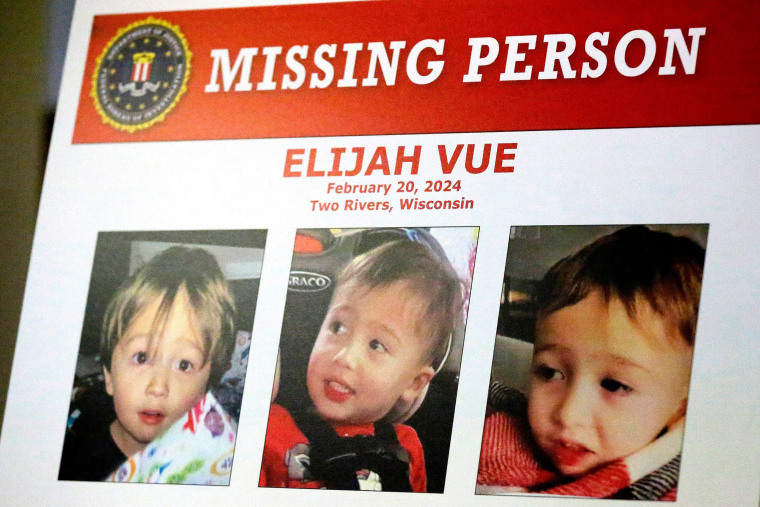 A missing person poster was on display at the press conference held at the Two Rivers city hall to help find three-year-old