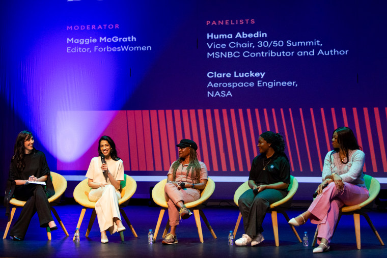 Huma Abedin, second from left, addresses students from the Cranleigh school in Abu Dhabi for the summit’s service day, along with Forbes senior editor, Maggie McGrath, and NASA's Clare Luckey, the 22 Fund's Tracy Gray and entrepreneur, Drea Okeke.