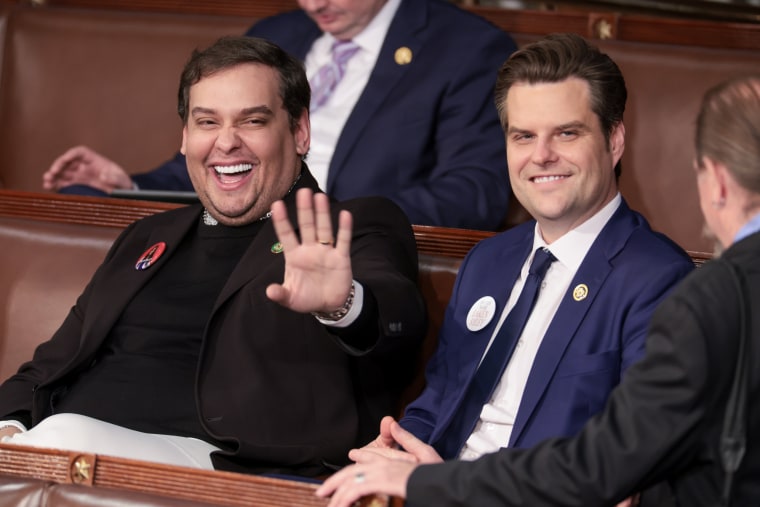 George Santos , left, and Matt Gaetz at the State of the Union address at the U.S. Capitol
