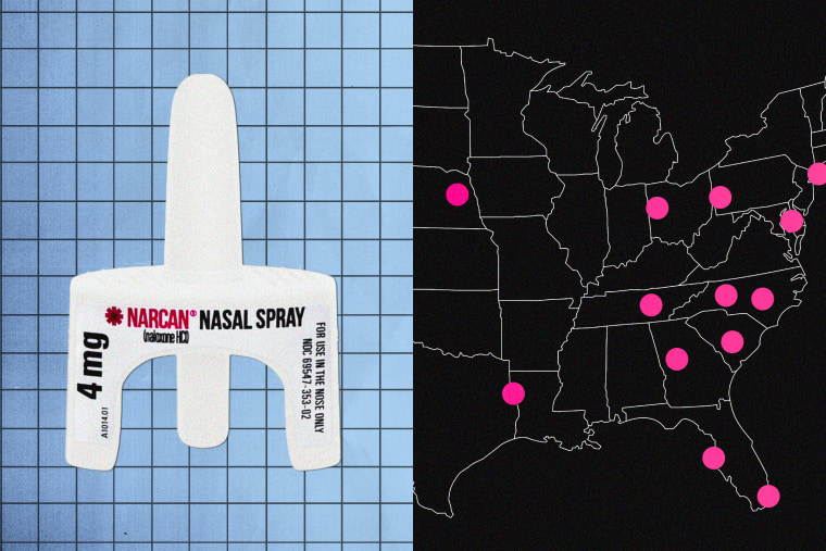 Photo illustration of Narcan nasal spray next to a map of the United States with plot points of where Narcan was found in pharmacies.