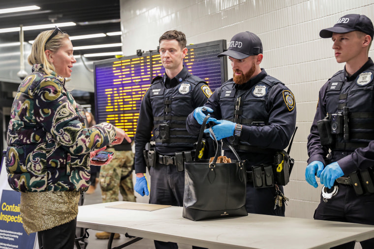 Police officers check passengers' bags.