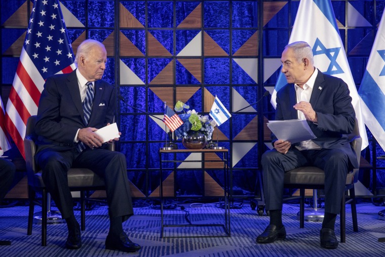 President Joe Biden, left, meets with Israeli Prime Minister Benjamin Netanyahu