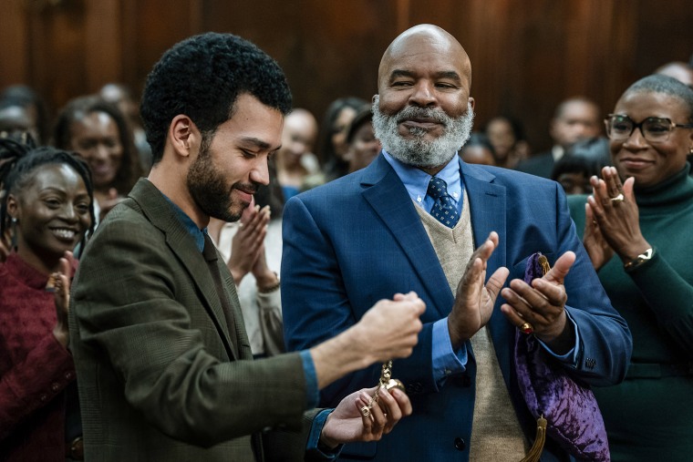 Justice Smith as "Aren", David Alan Grier as "Roger" and Aisha Hinds as "Gabbard" in "The American Society of Magical Negroes."