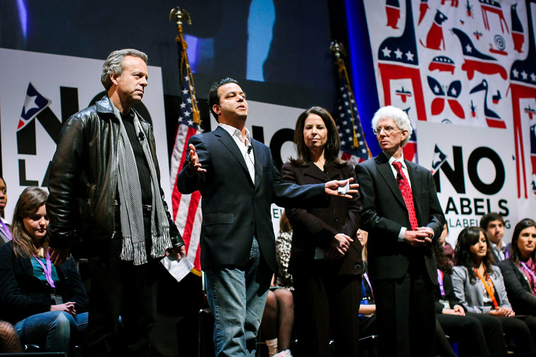 Nancy Jacobson, third left, at the launch of the unaffiliated political organization known as No Labels.