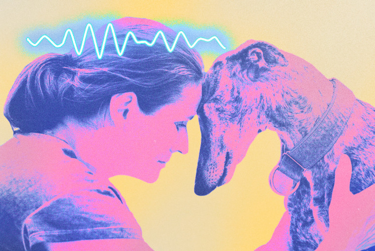 Photo Illustration: A woman experiencing alpha brainwaves while hugging her dog