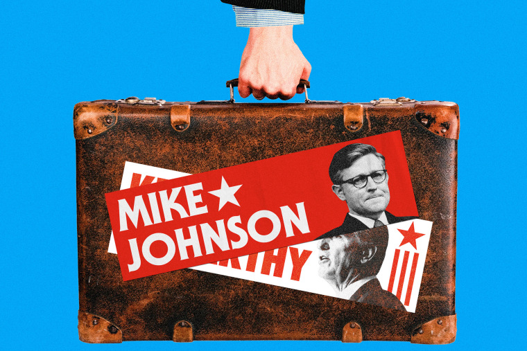 Photo illustration of hand holding luggage with a sticker of Mike Johnson covering a sticker of Kevin McCarthy 