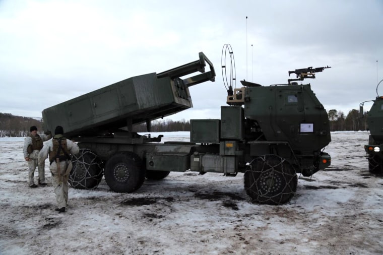 U.S. Marines train with High Mobility Artillery Rocket Systems, or HIMARS, at a site near Alta, Norway.