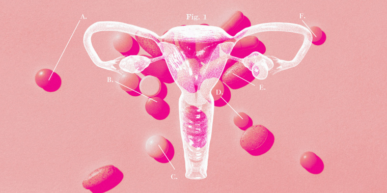 Photo illustration of female reproductive system and scattered pills 