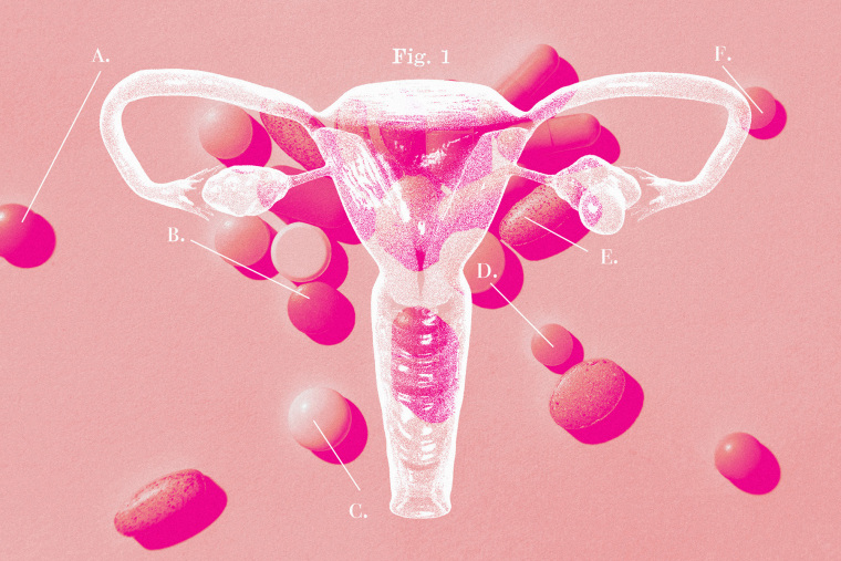 Photo illustration of female reproductive system and scattered pills