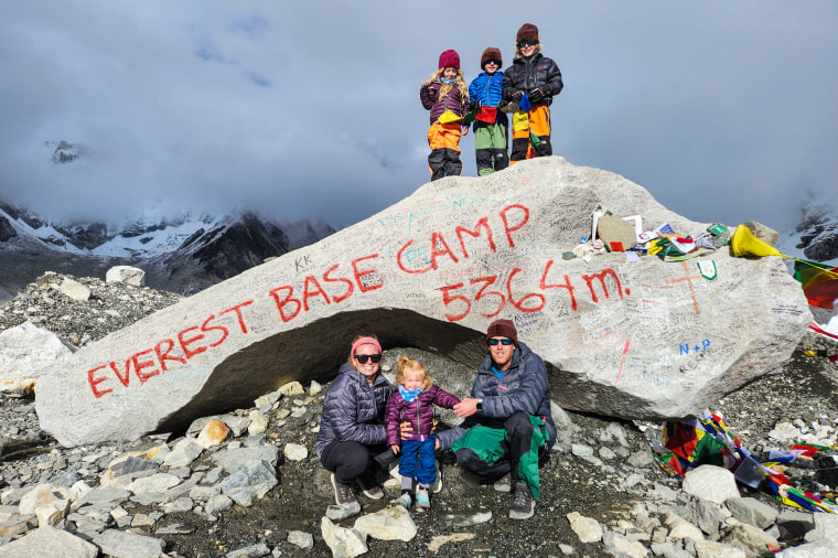 Chris and Cindy Matulis with their kids at Everest Base Camp in 2022.