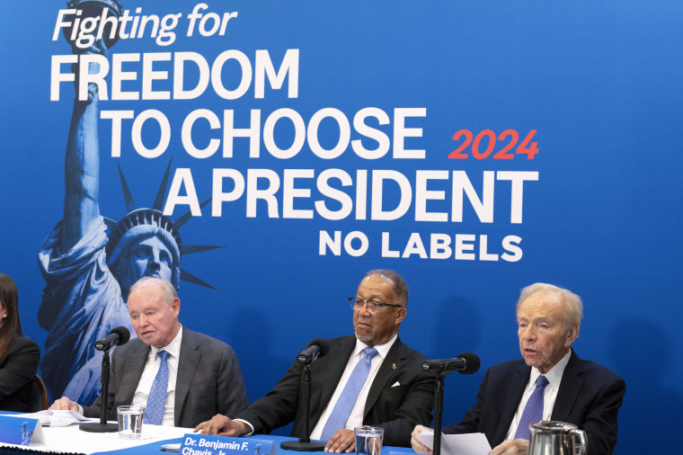 No Labels leadership and guests, from left, Dan Webb, Dr. Benjamin F. Chavis, and Joe Lieberman at the National Press Club, in Washington
