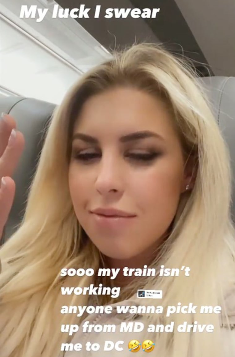 A post by Isabella Deluca on a train with her photo and text that reads, "My luck I swear, sooo my train isn't working, anyone wanna pick me up from MD and drive me to DC"