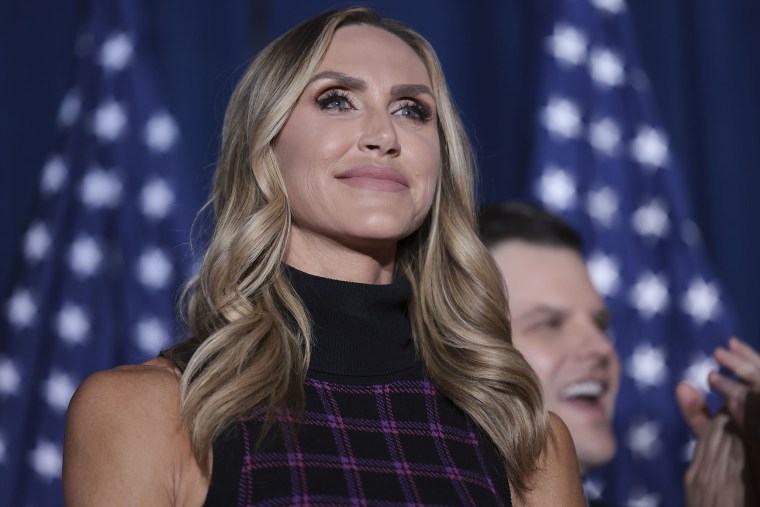 Lara Trump appears on stage as Former President Donald Trump speaks during an election night watch party at the State Fairgrounds on February 24, 2024 in Columbia, South Carolina. 