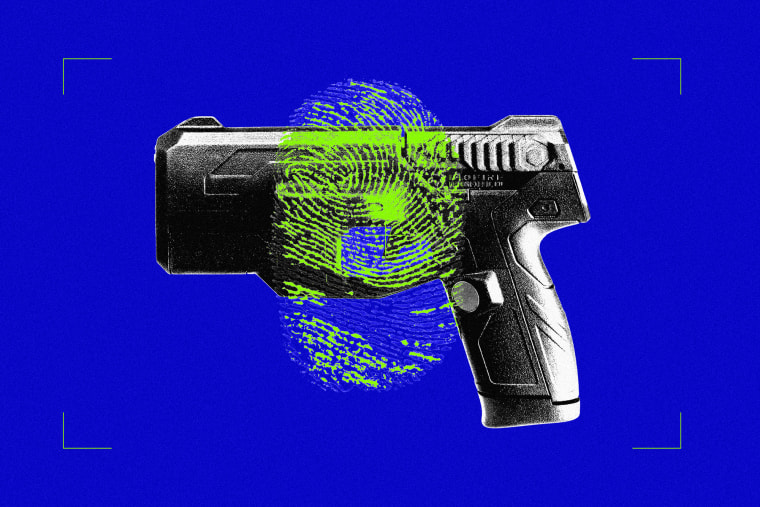 Photo illustration of Biofire gun with fingerprint overlaid atop it