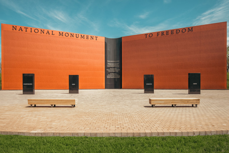 More than a 100-foot wide by 40 feet high, angled like an open book and with more than 100,000 surnames inscribed, documenting  all the known enslaved people who were emancipated in 1865.