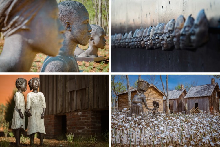 A quad with sculptures of enslaved people on a plantation.