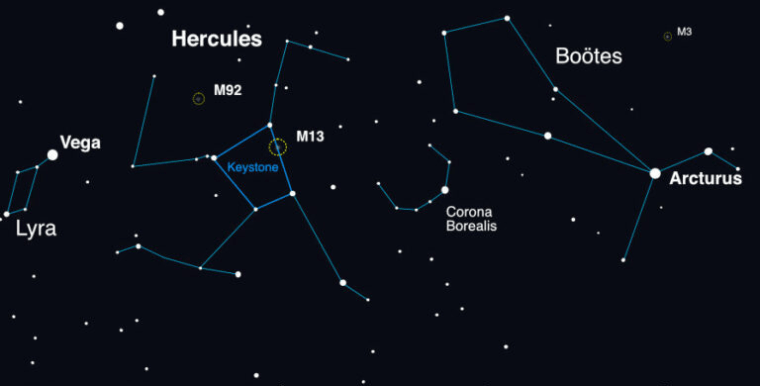 The constellation Corona Borealis appears as a small arc near Bootes and Hercules.