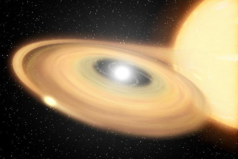 Artist's concept of a star system featuring a white dwarf "stealing" matter from a companion star. After enough material accumulates, a white dwarf can erupt in a nova explosion. 
