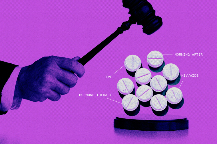 Photo illustration of man with gavel hovering over group of pills 