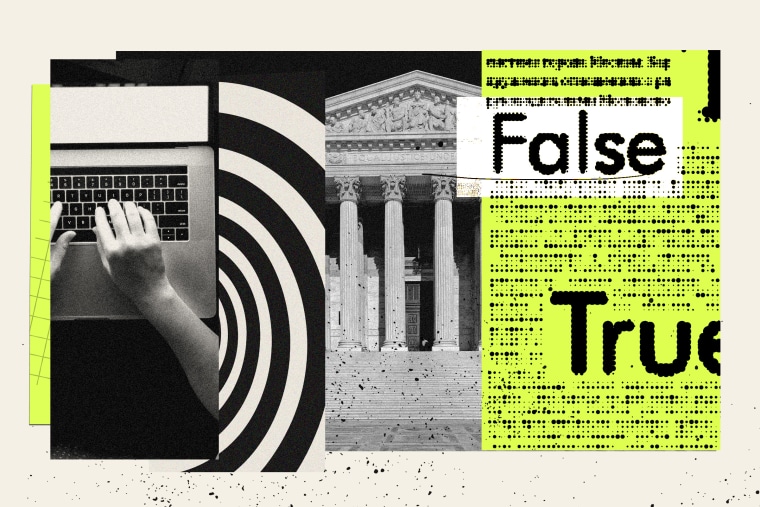 Photo collage of person working on laptop, a spiral, Supreme Court building, and a document that reads "False" and "True"