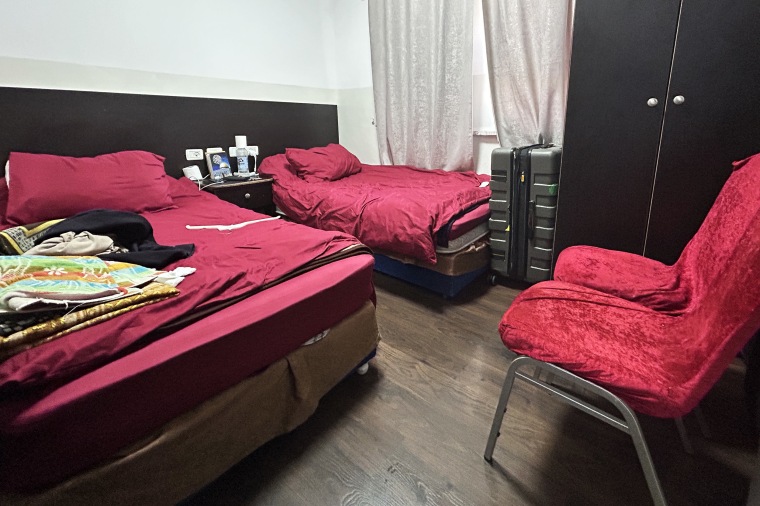 The room in the guest house where Manal Abu Shaban and Reem Abu Obedia are staying after their cancer treatment.