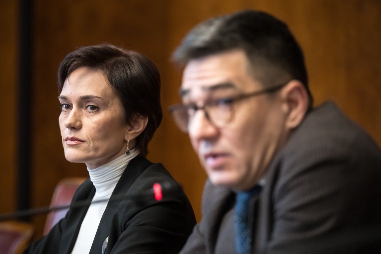 Evgenia Kara-Murza during a press conference on political persecution in Russia after Navalny's death, in Geneva