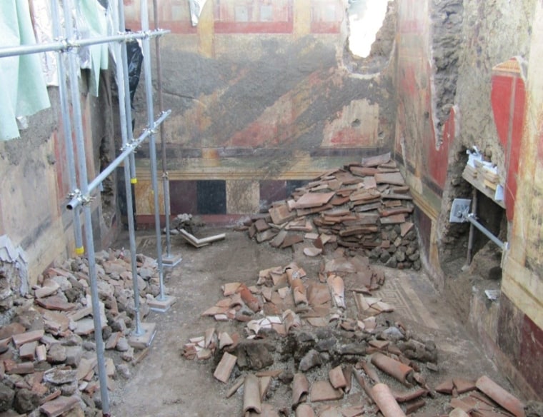 Piles of tiles and material at the historic site that was destroyed by the eruption Mount Vesuvius erupted in 79 AD.